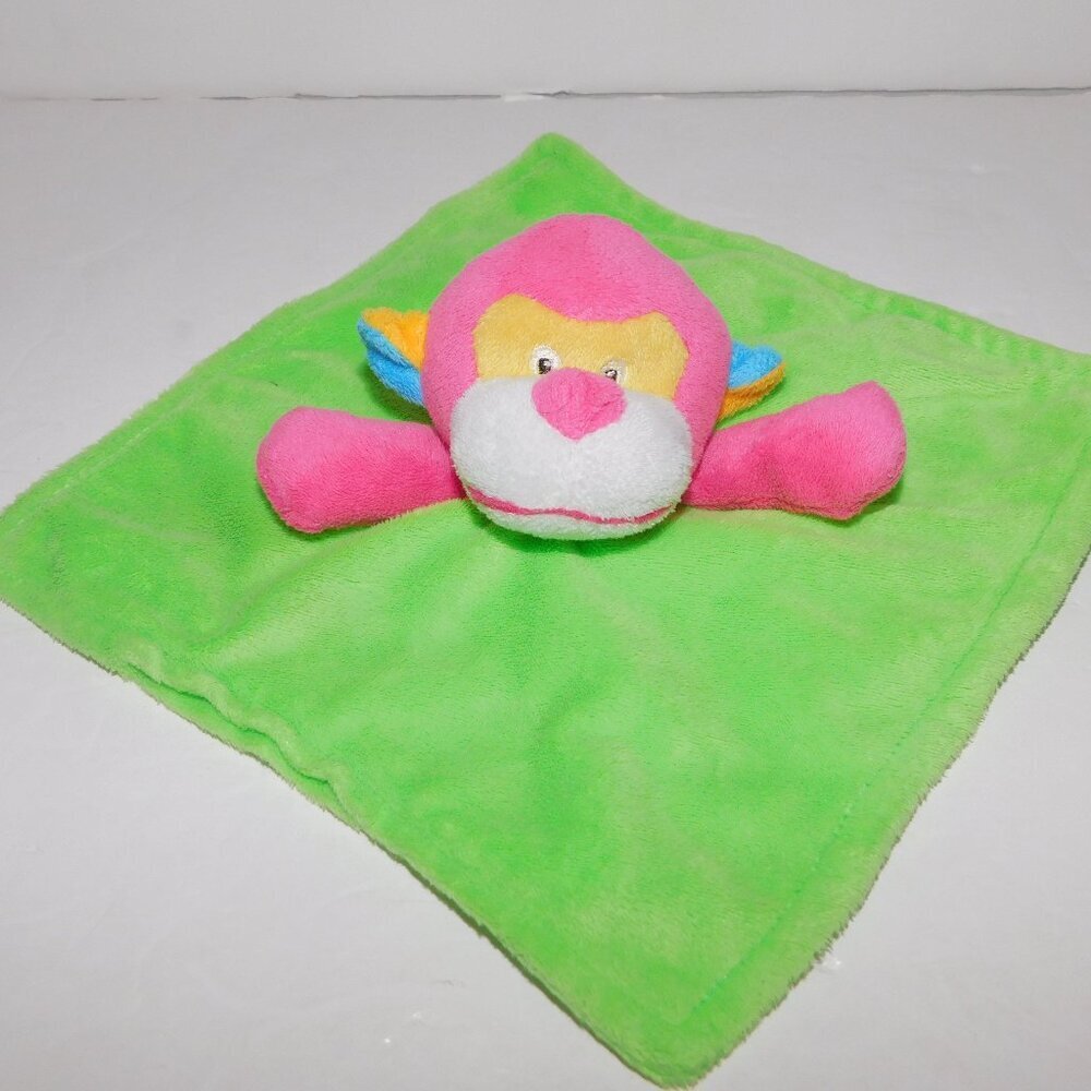 Monkey Security Blanket Pink Green Rattle Baby Lovey Nunu Soother 8" x 8"